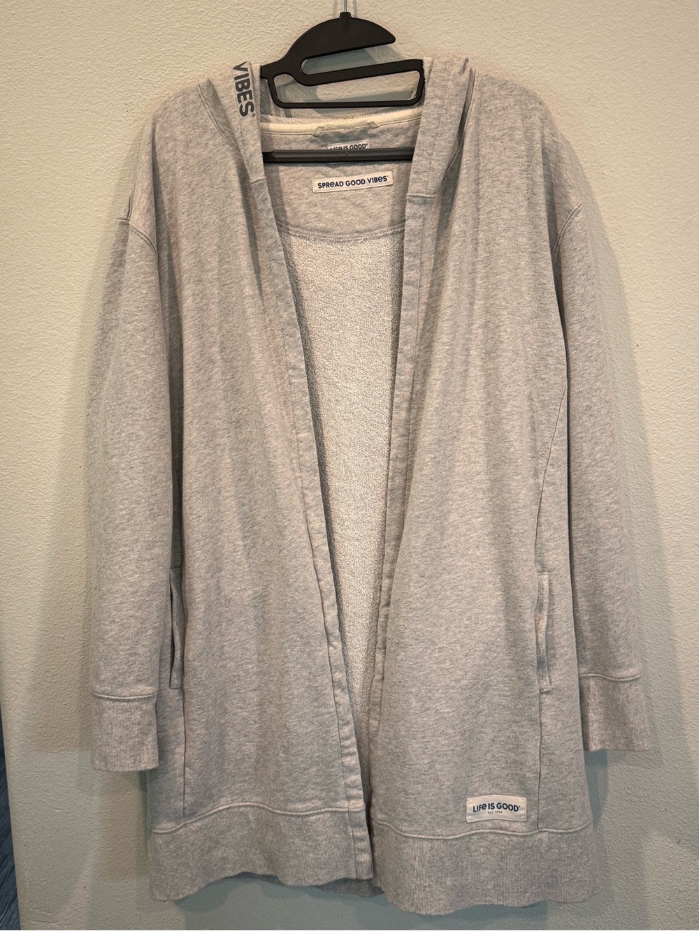 Life Is Good Long Hooded Open Front Cardigan Cream Ivory XL Coastal Beach